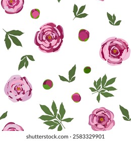 Floral pattern, pattern with pion flowers and leaves. graphical textures floral, flowers background with leaves. Flat vector illustration. 