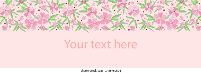 Floral pattern, place for your text. Beautiful flowers on a pink background. Wedding style, birthday. Greeting card, invitation, flyer. Hand drawn style vector illustration.