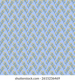 Floral pattern, plant print. Branch with yellow flowers and green leaves. Minimalistic design. Seamless pattern on a blue background. Spring and summer flowering season. Vector illustration