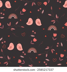 Floral pattern with plants, hearts, rainbows and pink birds on black background. Seamless pattern for Valentine's Day, fabric, wrapping paper.