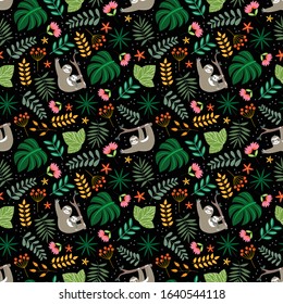 Floral pattern with plants, sloth and flowers in the black backdrop. Creative pattern with garden concept