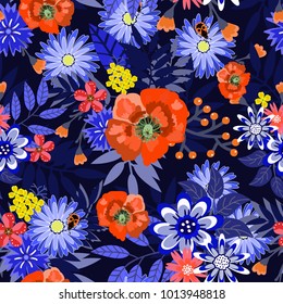 Floral pattern with poppies, daisies, cornflowers, carnations, yellow flowers. Seamless on dark background. For textiles, Wallpaper, paper, backdrop, background. Russian style. In purple to