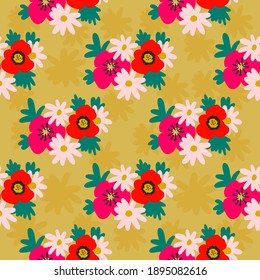 Floral pattern. Poppies and daisies on a yellow background. For textiles, fabric, background, packaging paper, wallpaper.