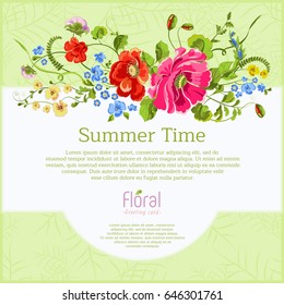 Floral pattern with poppies and forget me not flowers on green background. Vector garden banner with place for text. Design for cosmetics, perfume, wedding invitation and greeting card