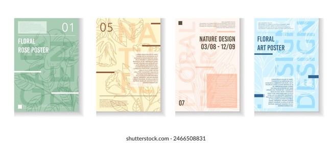 Floral pattern, poster collection. Flower collage graphic letter, art modern, cover event card. Abstract design background. Different blossom bouquet. Vector drawing leaf garden garish spring set
