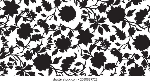 Floral pattern. Pretty  black and white flowers silhouette background. ethnic, folk flowers.   Seamless vector Ditsy print. Spring bouquet.