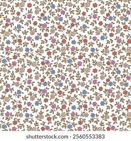 Floral pattern. Pretty daisy flowers on white background. Printing with small colorful flowers. Ditsy print. Seamless vector texture. Spring bouquet. Seamless pattern for design and fashion prints. 