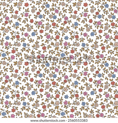 Floral pattern. Pretty daisy flowers on white background. Printing with small colorful flowers. Ditsy print. Seamless vector texture. Spring bouquet. Seamless pattern for design and fashion prints. 