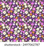 Floral pattern. Pretty flowers on dark violet background. Printing with small orange, white, pink and lilac flowers. Ditsy print. Seamless vector texture. Spring bouquet.