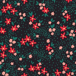 Floral Pattern. Pretty Flowers On Black Background. Printing With Small Red And Pink Flowers. Ditsy Print. Seamless Vector Texture. Spring Bouquet.