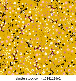 Floral pattern. Pretty flowers on vintage yellow background in liberty style. Printing with small white and pink flowers. Ditsy print. Seamless vector texture. Spring bouquet.