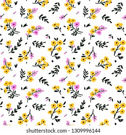 Floral pattern. Pretty flowers on white background. Printing with small yellow flowers. Ditsy print. Seamless vector texture. Spring bouquet.