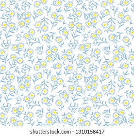 Floral pattern. Pretty flowers on white background. Printing with small blue flowers. Ditsy print. Seamless vector texture. Spring bouquet.