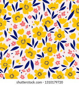 Floral pattern. Pretty flowers on white background. Printing with small yellow flowers. Ditsy print. Seamless vector texture. Spring bouquet.