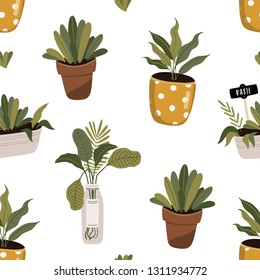 Floral pattern. Pretty flowers on white background. Plants in pot. Seamless vector texture. Spring time. 