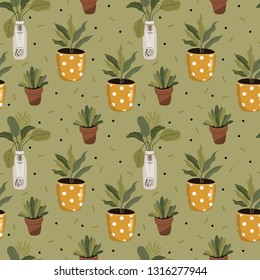 Floral pattern. Pretty flowers on white background. Plants in pot. Seamless vector texture. Spring time. 
