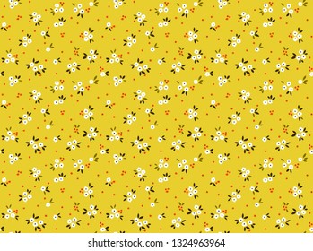 Floral pattern. Pretty flowers on yellow background. Printing with small white flowers. Ditsy print. Seamless vector texture. Spring bouquet.