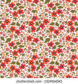 Floral pattern. Pretty flowers on white background. Printing with small red flowers. Ditsy print. Seamless vector texture. Spring bouquet.