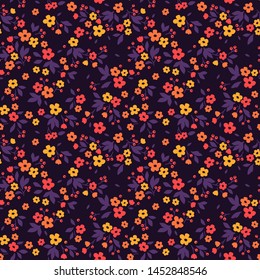 Patrón floral. Bonitas flores sobre fondo violeta oscuro. Impresión con flores pequeñas amarillas y rojas. Impresión Ditsy. Textura vectorial sin inconvenientes. Ramo de primavera.