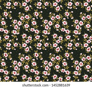 Floral pattern. Pretty flowers on dark gray background. Printing with small white flowers. Ditsy print. Seamless vector texture. Spring bouquet.