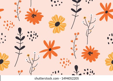 Floral pattern. Pretty flowers on red background. Printing with small white flowers. Ditsy print.Seamless pattern in scandinavian style. Perfect for kids fabric, textile.