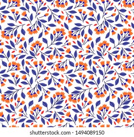 Floral pattern. Pretty flowers on white background. Printing with small orange flowers. Ditsy print. Seamless vector texture. Spring bouquet.