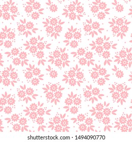 Floral pattern. Pretty flowers on white background. Printing with small pink flowers. Ditsy print. Seamless vector texture. Spring bouquet.
