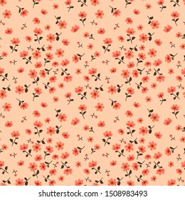 Floral pattern. Pretty flowers on coral background. Printing with small flowers. Ditsy print. Seamless vector texture. Spring bouquet.