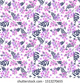Floral pattern. Pretty flowers on white background. Printing with small pink flowers. Ditsy print. Seamless vector texture. Spring bouquet.