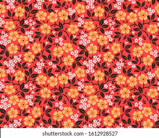 Floral pattern. Pretty flowers on red background. Printing with small yellow flowers. Ditsy print. Seamless vector texture. Spring bouquet.