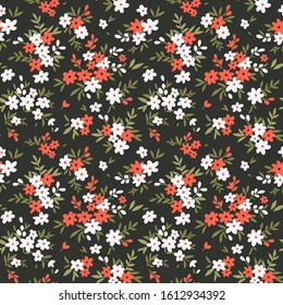 Floral pattern. Pretty flowers on dark green background. Printing with small white and red flowers. Ditsy print. Seamless vector texture. Spring bouquet.