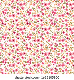 Floral pattern. Pretty flowers on white background. Printing with small pink and yellow flowers. Ditsy print. Seamless vector texture. Spring bouquet.