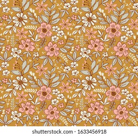 Floral pattern. Pretty flowers on gold  background. Printing with small  flowers. Ditsy print. Seamless vector texture. Spring bouquet.