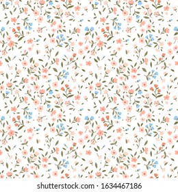 Floral pattern. Pretty flowers on white background. Printing with small pastel colour flowers. Ditsy print. Seamless vector texture. Spring field.