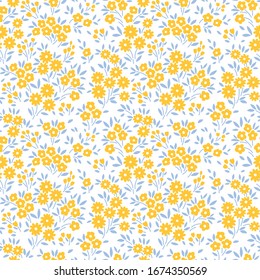 Floral pattern. Pretty flowers on white background. Printing with small yellow flowers. Ditsy print. Seamless vector texture. Spring bouquet.