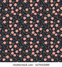 Floral pattern. Pretty flowers on navy blue background. Printing with small coral flowers. Ditsy print. Seamless vector texture. Spring bouquet.