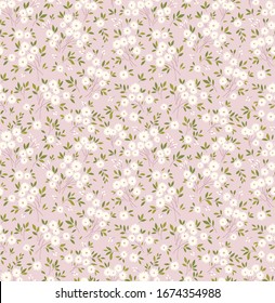 Floral pattern. Pretty flowers on light pink background. Printing with small white flowers. Ditsy print. Seamless vector texture. Spring bouquet.