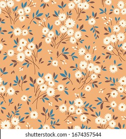Floral pattern. Pretty flowers on gold background. Printing with small  white flowers. Ditsy print. Seamless vector texture. Spring bouquet.