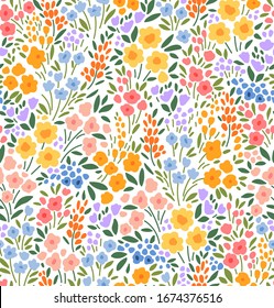 Floral pattern. Pretty flowers on white background. Printing with small colorful flowers. Ditsy print. Seamless vector texture. Spring bouquet.