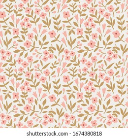 Floral pattern. Pretty flowers on white background. Printing with small pink flowers. Ditsy print. Seamless vector texture. Spring bouquet.