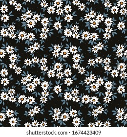 Floral pattern. Pretty flowers on black background. Printing with small white flowers. Ditsy print. Seamless vector texture. Spring bouquet.