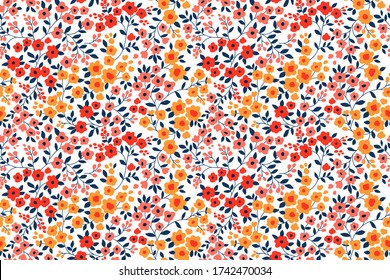 Floral pattern. Pretty flowers on white background. Printing with small orange, red and pink flowers. Ditsy print. Seamless vector texture. Spring bouquet.