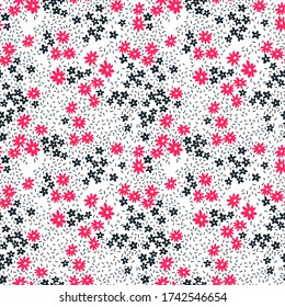 Floral pattern. Pretty flowers on white background. Printing with small pink and black flowers. Ditsy print. Seamless vector texture. Spring bouquet.