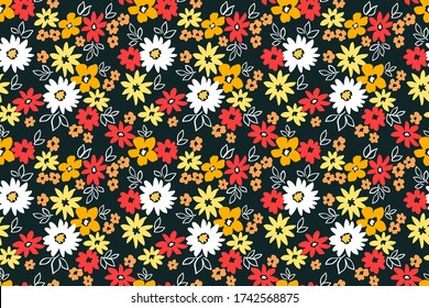 Floral pattern. Pretty flowers on black background. Printing with small red and yellow flowers. Ditsy print. Seamless vector texture. Spring bouquet.