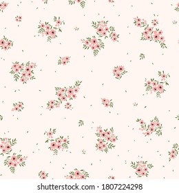 Floral pattern. Pretty flowers on white background. Printing with small pink flowers. Ditsy print. Seamless vector texture. Spring bouquet.