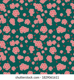 Floral pattern. Pretty flowers on green background. Printing with small pink flowers. Ditsy print. Seamless vector texture. Spring bouquet.