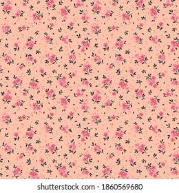 Floral pattern. Pretty flowers on coral background. Printing with small pink flowers. Ditsy print. Seamless vector texture. Spring bouquet. Stock vector.