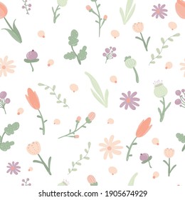 Blumenmuster. Hübsche Blumen auf weißem Hintergrund. Drucken mit Blumen und Blättern. Ditsy-Druck. Nahtlose Vektorstruktur. Frühlingsbukett.