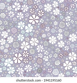 Floral pattern. Pretty flowers on light background. Printing with small white flowers. Ditsy print. Seamless vector texture. Drawn spring bouquet. Vector illustration