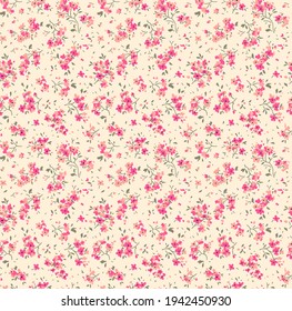 Floral pattern. Pretty flowers on ecru background. Printing with small coral pink flowers. Ditsy print. Seamless vector texture. Spring bouquet. Stock vector.